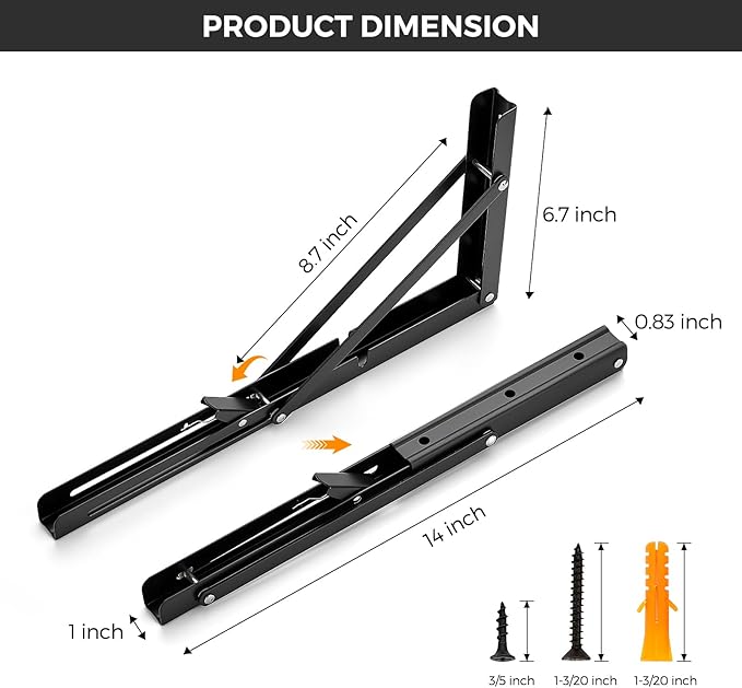 JOY DECOR 14 Inch Heavy Duty Folding Shelf Brackets, 2 Pack (1 Pair) Collapsible Wall Mounted Brackets for Fold Down Table, Stainless Steel Folding Table Hinge, Matte Black
