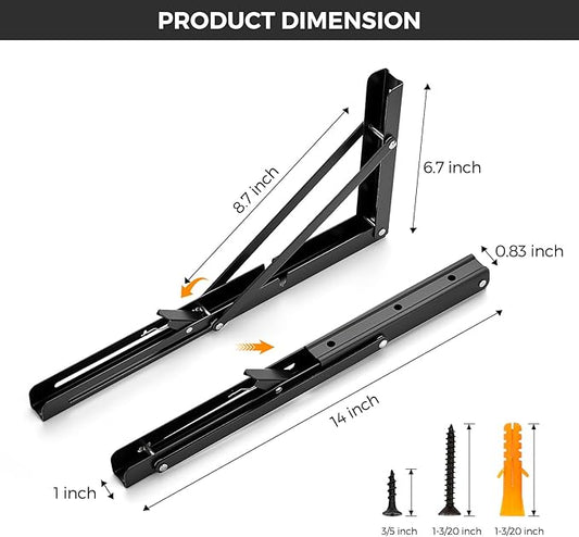 JOY DECOR 14 Inch Heavy Duty Folding Shelf Brackets, 2 Pack (1 Pair) Collapsible Wall Mounted Brackets for Fold Down Table, Stainless Steel Folding Table Hinge, Matte Black