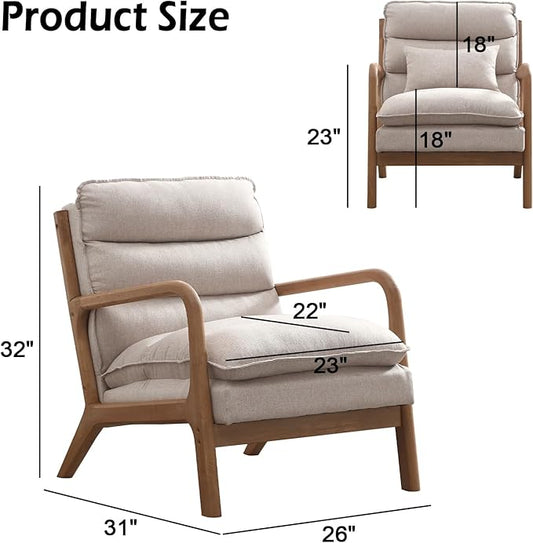 INZOY Mid Century Modern Accent Chair with Wood Frame, Upholstered Reading Armchair with Waist Cushion, Double Padded Accent Chair, Side Chair for Living Room Bedroom Office, Easy Assembly, Beige