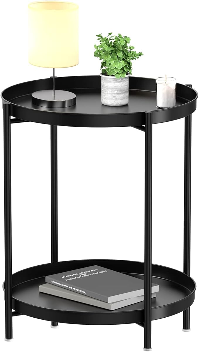 EKNITEY 2 Tier End Table - Metal Side Table Waterproof Small Sofa Coffee Side Tables Bedroom Indoor Outdoor with Removable Tray for Living Room Bedroom Balcony and Office (Black)