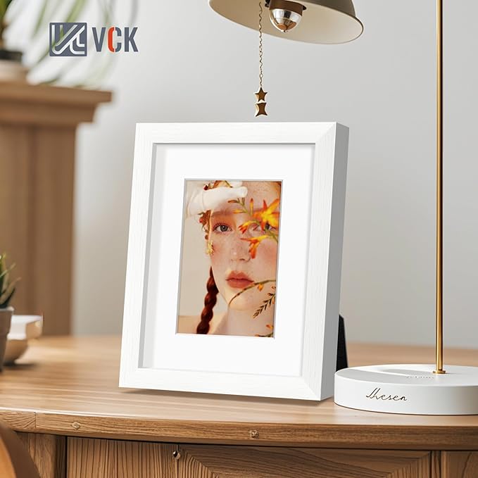 VCK Picture Frame 8×10 Inch Display Picture 5x7 with Mat or 8×10 without Mat Set of 2 Photo Frame with High Definition Real Glass Front Display Tabletop and Wall Mounting White