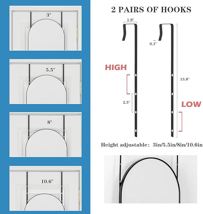 16" x 50" Adjustable Height Over The Door Mirror, Full Length Hanging Door Mirror with Shatterproof Tempered Glass Aluminum Alloy Frame for Bedroom, Living Room, Bathroom, Dorm, Gold