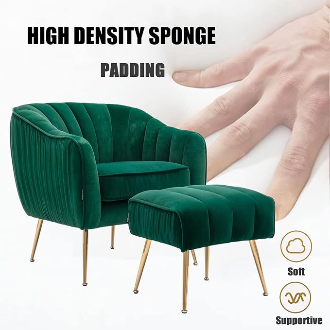 Velvet Accent Chair with Ottoman, Modern Tufted Barrel Chair Ottoman Set for Living Room Bedroom, Golden Finished, Dark Green