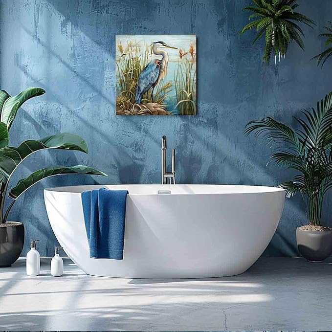YUEYARIT Bathroom Decor ardea herodias Wall Art Ocean Theme Blue sea Picture Heron Canvas Print Modern Coastal Artwork Framed Hanging Dining Office Living Room