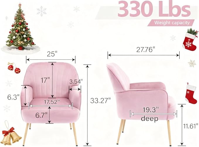 Velvet Accent Chair, Modern Upholstered Single Sofa Side Living Room Chair, Comfy Barrel Reading Armchair with Metal Legs for Bedroom, Waiting Room, Office and Cafe, Pink