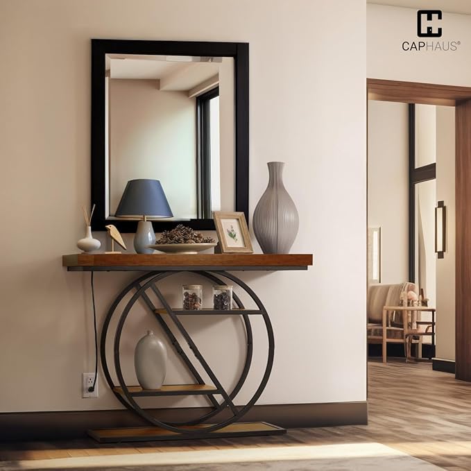 CAPHAUS 41” Unique Design 4-Tier Industrial Thick Sofa Console Table w/Storage & Charging Station, Entrance Tableau w/ 2 Outlets, USB & Type-C Ports for Living Room, Hallway, Rustic, Hourglass