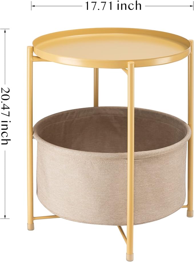 danpinera Round Side Table with Fabric Storage Basket, Metal Side Table Small Bedside Nightstand with Removable Tray Top for Living Room, Bedroom, Nursery, Laundry, Pale Yellow