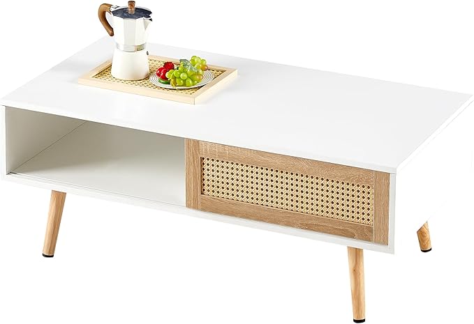 IANIYA 40.34" Boho Coffee Table, Rectangle Wooden Accent Center Tables, Living Room Table with Sliding PE Rattan & Solid Legs for Living Room, Apartment Small Space (White)