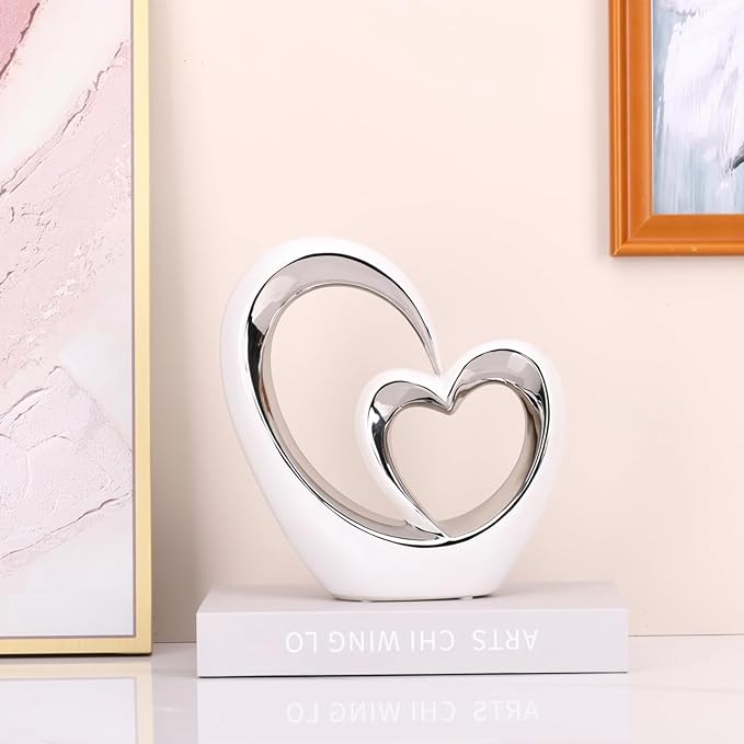 LCCCK Porcelain Double Heart Decor,White and Silver Sculpture Home Decor for Living Room Entryway Coffee Dining Table Shelves, Wedding Anniversary, Valentine's Gift for Couples & Lovers Modern