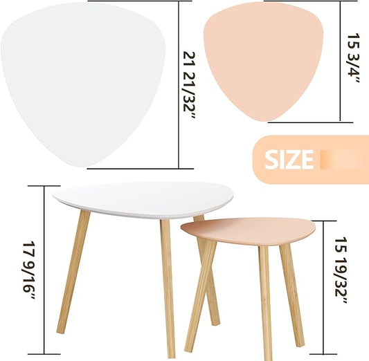 BAMEOS Bamboo Nesting Triangle End Table,Set of 2 Coffee Table Modern Minimalist Side Table for Living Room (White & Pink)