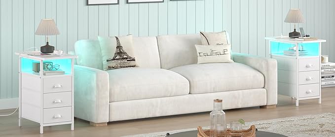 End Table with Charging Station,LED Side Tables with USB Ports and Outlets,Narrow Nightstands Bedside Tables with 3 Drawers PU Finish for Small Space,Slim Sofa Table for Livingroom,White