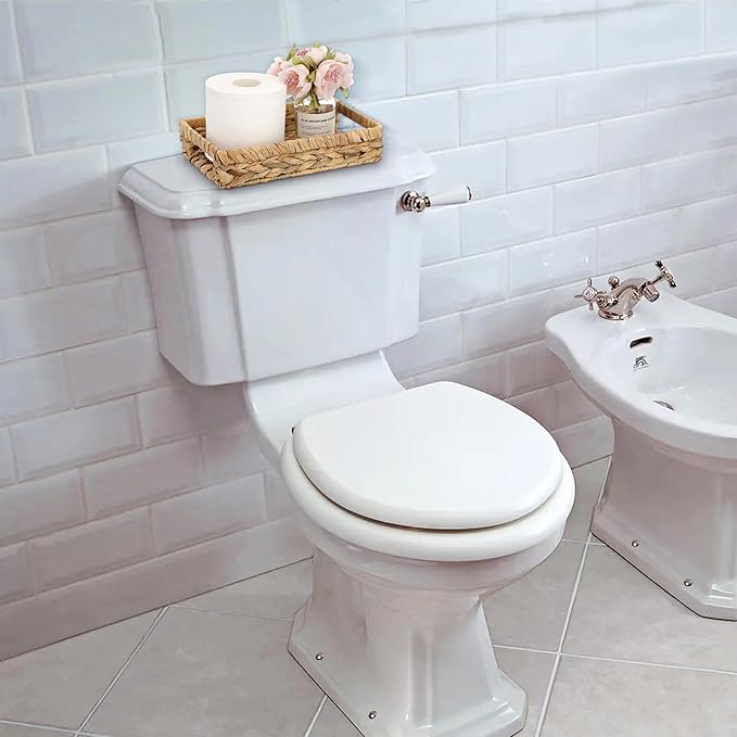 Sumnacon Bathroom Tray for Counter 9.8 Inch Water Hyacinth Bathroom Trays Over Toilet, Wicker Toilet Tank Organizer Decorative Countertop Trays for Toilet Vanity Kitchen Shelf Dining Table Desk