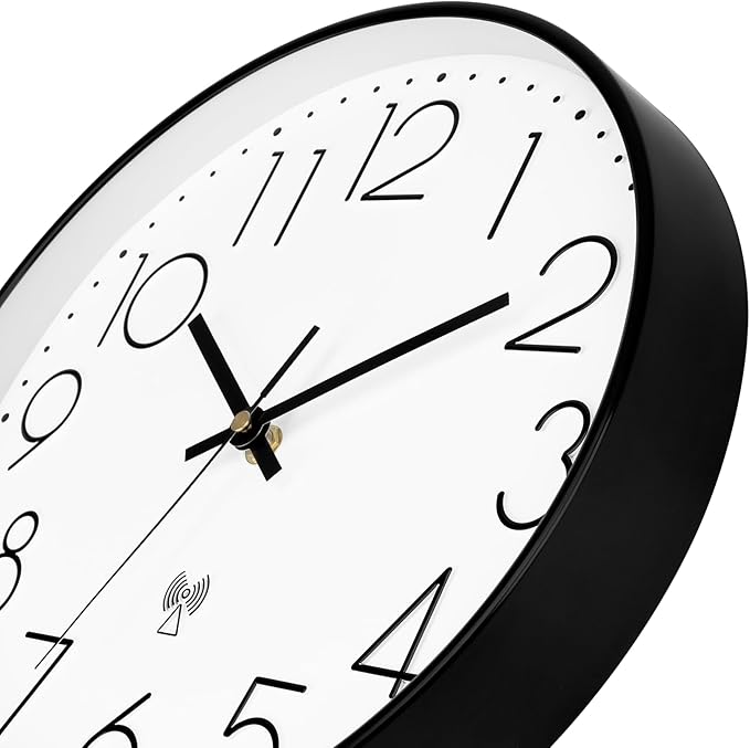 Foxtop Atomic Wall Clock Battery Operated Round Analog Modern Wall Clock Sets Automatically for Office Classroom Bedroom Kitchen Living Room (Black)