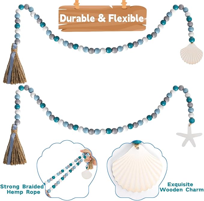 4 Pack Farmhouse Wood Bead Garland with Tassels, 39 in Rustic Boho Bead with Seashell Tag, Handmade Coastal Garland Beads for Tiered Tray, Wall Hanging, Wedding, Home Decor