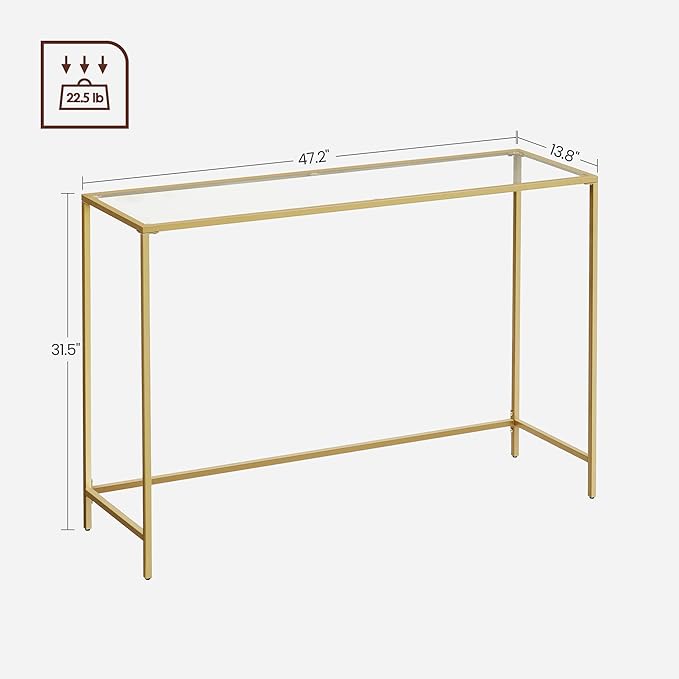 VASAGLE 47.2 Inches Console Table, Tempered Glass Sofa Table, Modern Entryway Table, Sturdy Metal Frame, Easy to Assemble, Adjustable Feet, for Living Room, Hallway, Gold Color ULGT036A01