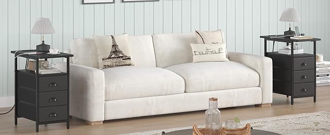 End Table with Charging Station, Side Tables Livingroom with USB Ports and Outlets,Narrow Nightstands Bedside Tables with 3 Drawers PU Finish for Small Space,Slim Sofa Table Bedroom,Black