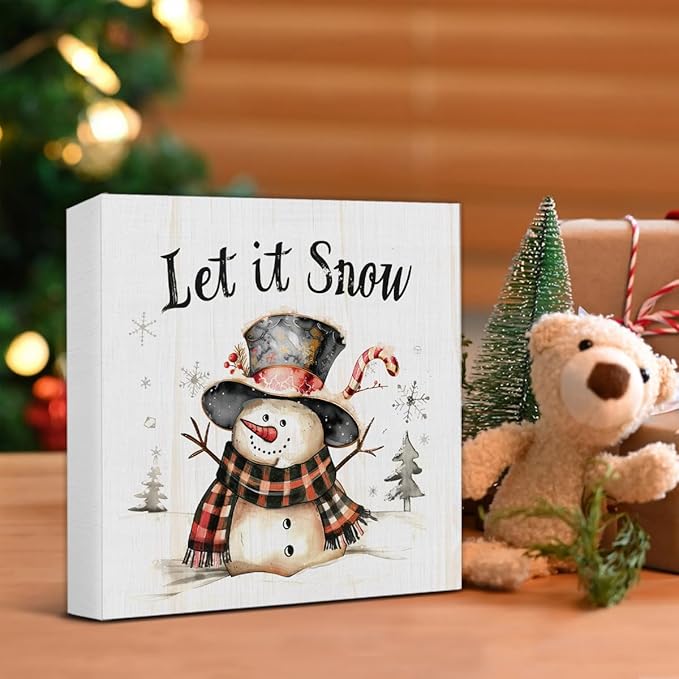 Let It Snow Christmas Decorations - Snowman Decor, Christmas Winter Wooden Sign, Home Decor for Desk Table Shelf 5 X 5 Inches