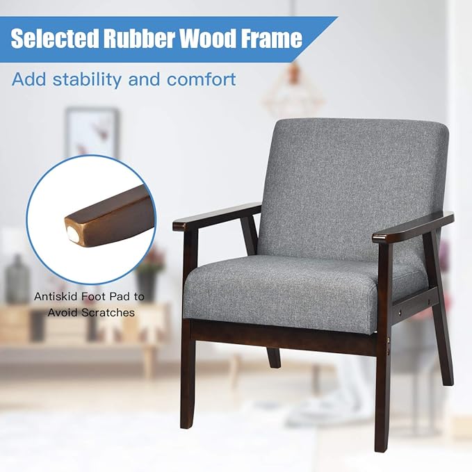 Giantex Mid-Century Modern Accent Chair, Retro Fabric Armchair, Solid Hardwood Made, Upholstered Linen Lounge Arm Chair for Living Room (1, Dark Grey)