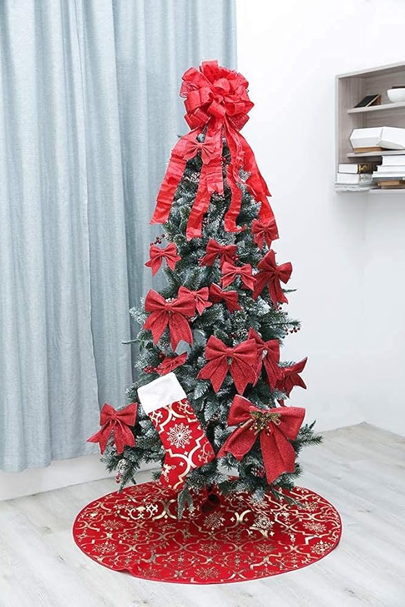 Flash World 36 Inch Large Christmas Tree Skirt Xmas Soft Cover Mat Decor Snowflake Collar Farmhouse Tree Skirt for Holiday Ornaments Party Home Indoor Decorations (Red, 36INCH)