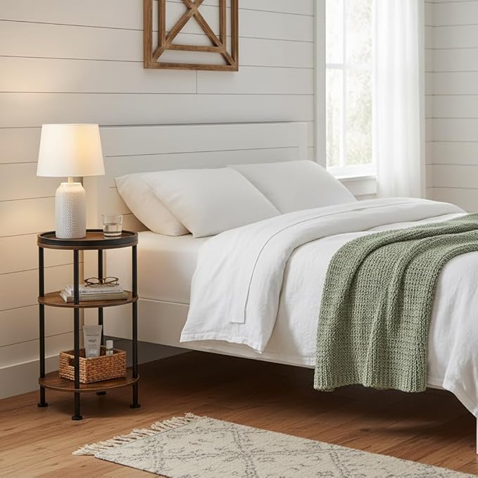 Small Round Side Table with Tray Top (Patented Design), 11.8" Narrow End Table for Small Spaces, 3-Tier Industrial Nightstand, Original Rustic Accent Furniture for Living Room Bedroom, Rustic Brown