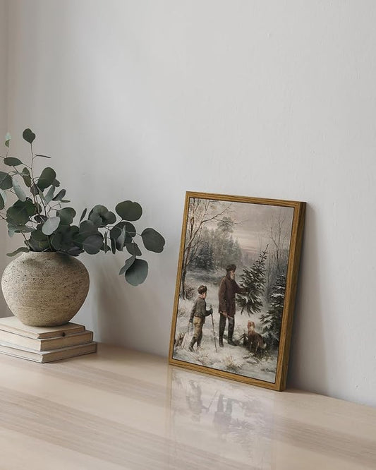 ARPEOTCY Vintage Framed Canvas Wall Art, 8x10 Inch, Farmhouse Christmas Tree Winter Holiday Wall Decor for Living Room, Forest Painting for Bedroom, Art Prints for Office, Christmas Gifts