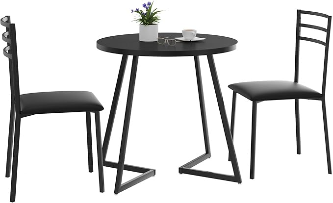 VECELO Small Round Kitchen Table with 2 Upholstered Chairs, 3-Piece Wood Dinette Sets with Steel Frame for Breakfast Nook, Dining Room, and Small Space, Wood-Grain Black