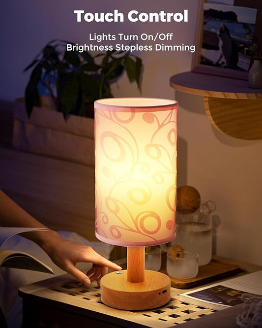 Cordless Table Lamp, 2200mAh Battery Operated Desk Lamp, Touch Bedside Lamps for Night Stands, Warm Light Mini Boho Lamp, Wood Base Round Flaxen Fabric Shade for Living Room,LED Bulb Included (Purple)