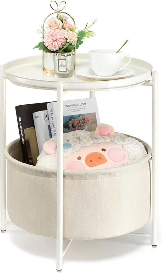 danpinera Round Side Table with Fabric Storage Basket, Metal Side Table Small Bedside Nightstand with Removable Tray Top for Living Room, Bedroom, Nursery, Laundry, White