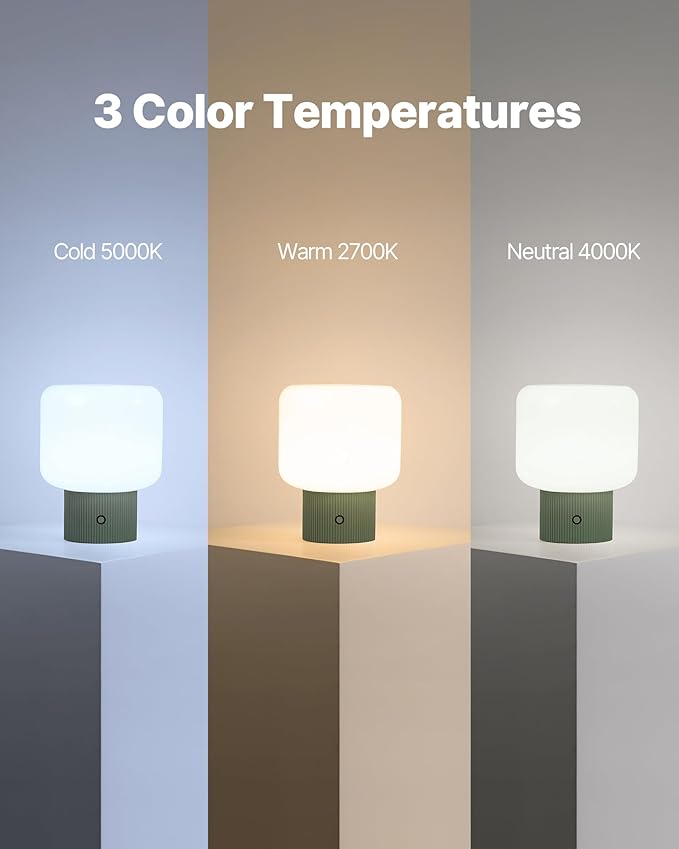 Halo Mushroom Lamp, 5W Cute Cordless Rechargeable Table Lamp with Glass Shade, 3 Color Temps LED Dimmable Ambient Lighting, Small Retro Touch Bedside Light for Bedroom Decor, Vintage Green