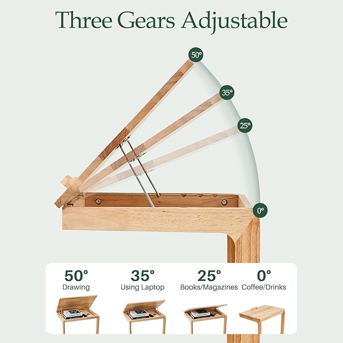 C Shaped Rolling End Table with Wheels - Solid Wood Side Table for Couch, Wooden Modern Tv Tray Bedside Tables for Sofa Armchair Living Room Bedroom, Natural, 15.4 in x 23.6 in x 24.8 in