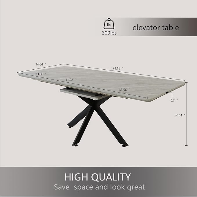 Marble Dining Table for 4-8, 62.4''-78.15'' Extendable Dining Table, Modern Kitchen Table, Space Saving Rectangular Table for Office and Dining Room (Grey)