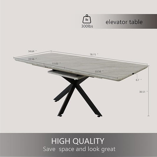 Marble Dining Table for 4-8, 62.4''-78.15'' Extendable Dining Table, Modern Kitchen Table, Space Saving Rectangular Table for Office and Dining Room (Grey)