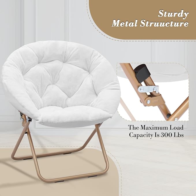 Athena Collection Modern White Faux Fur Saucer Chair with Ottoman, Foldable, Comfy Accent Chair for Bedroom, Living Room, Outdoor, 300lbs Weight Capacity