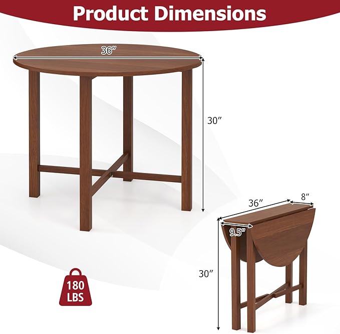 Tangkula 36" Foldable Round Dining Table, Kitchen Table w/Solid Rubber Wood Legs, Dual Drop Leaf Design, Farmhouse Circle Diner Table for 2-4 People, Dining Room, Living Room, Restaurant (Round)