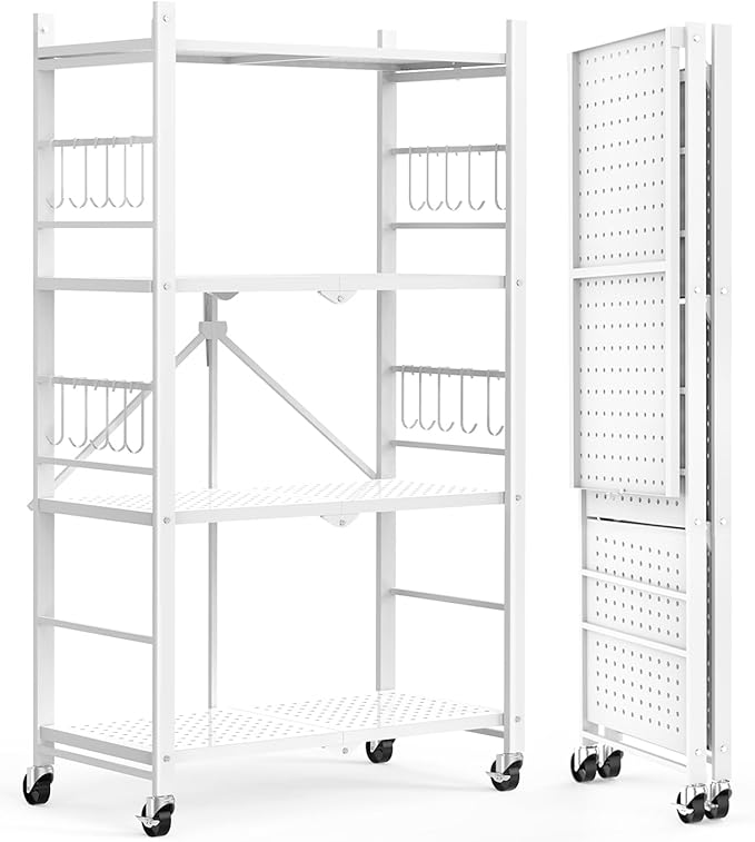 Himix Storage Shelves with 20 Hooks, 4-Tier Foldable Shelves for Storage, Folding Shelf Unit Pantry Shelves with Wheels, Metal Shelving Storage Rack Shelf for Kitchen Garage Home, White - No Assembly