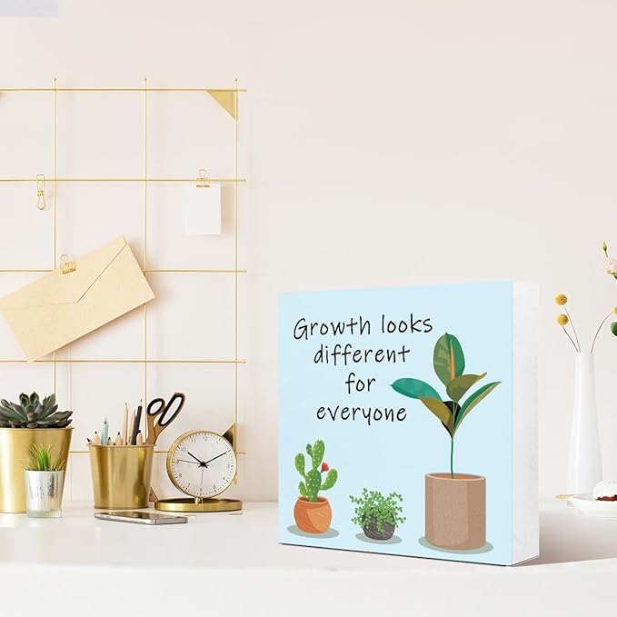 LVQHI Inspirational Wood Block Sign,Growth Looks Different for Everyone Plant Motivational Wooden Block Sign for Home Bedroom Office Desk Table Decor,Inspirational Cheer Up Gift for Coworker Blue-2