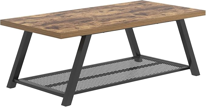 FOLUBAN 47 Inch Coffee Table, Industrial Wood and Metal Living Room Table with Storage Shelf, Rectangle Center Table, Rustic Brown