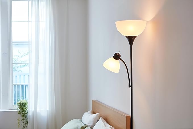 GLOBE Electric 67135 72" Torchiere Floor Lamp and Adjustable Reading Light, Matte Black, Frosted Shade, Dual Rotary Switch, 3-Step Dimming, Modern Lighting for Living Room or Office