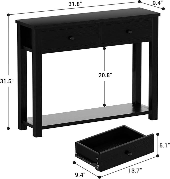 Homieasy Farmhouse Console Table with 2 Drawers, 32 Inch Small Sofa Table with Storage Shelf for Living Room, Behind Couch, Entryway Table for Hallway, Living Room, or Foyer, Black