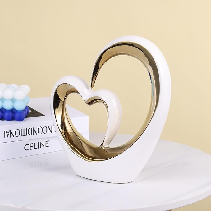 White Gold Ceramic Heart Statues - Abstract Home Sculptures for Bedroom, Wedding, Valentine Decor & Gifts for Women (Loving Hearts - Circular)