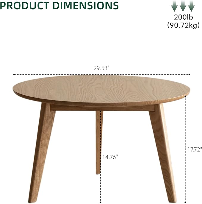 100% Solid Oak Wood Mini Coffee Table, Round Cofffe Tables Side Table w/Solid Wood Legs, Walnut Mid Century Table for Bedroom Balcony Living Room (29.53" D x 17.72" H)