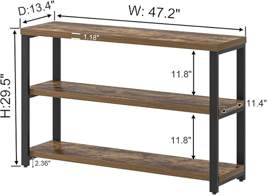 EXCEFUR Industrial Sofa Console Table, Entryway Table with 3 Tier Wood Storage Shelves, Foyer Table for Living Room Hallway Behind Couch, Rustic Brown