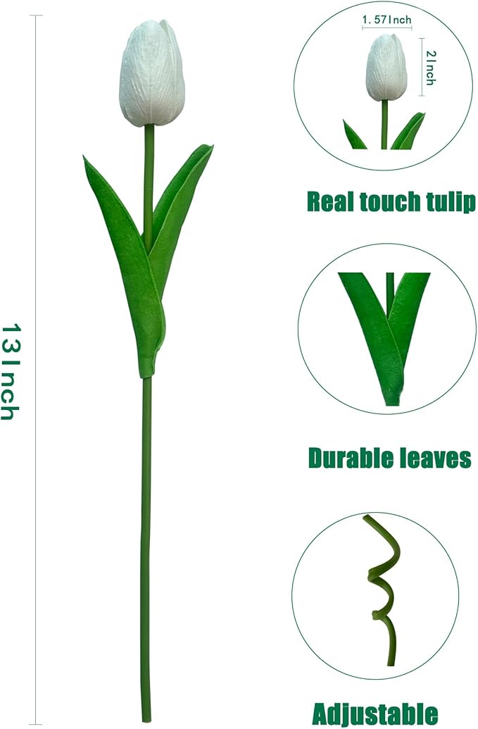 15pcs White Tulips PU Artificial Flowers Real Touch Fake Tulips for Spring Easter Home Kitchen Wedding Bouquet Bulk Mother's Gift Day Decorations