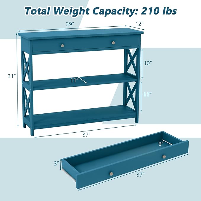 GOFLAME 39" Console Sofa Table with Drawers, 3-Tier Narrow Entry Table with Storage Shelves for Living Room Behind Couch, Entryway (Navy Blue)