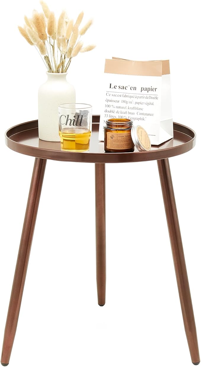 End/Side Tables - Small Round Accent Table, Metal Bronze Narrow Night Stands with 3 Legs, Ideal for Any Room-Side Tables Living Room, Bedroom, Plant Stand Balcony, Indoor & Outdoor