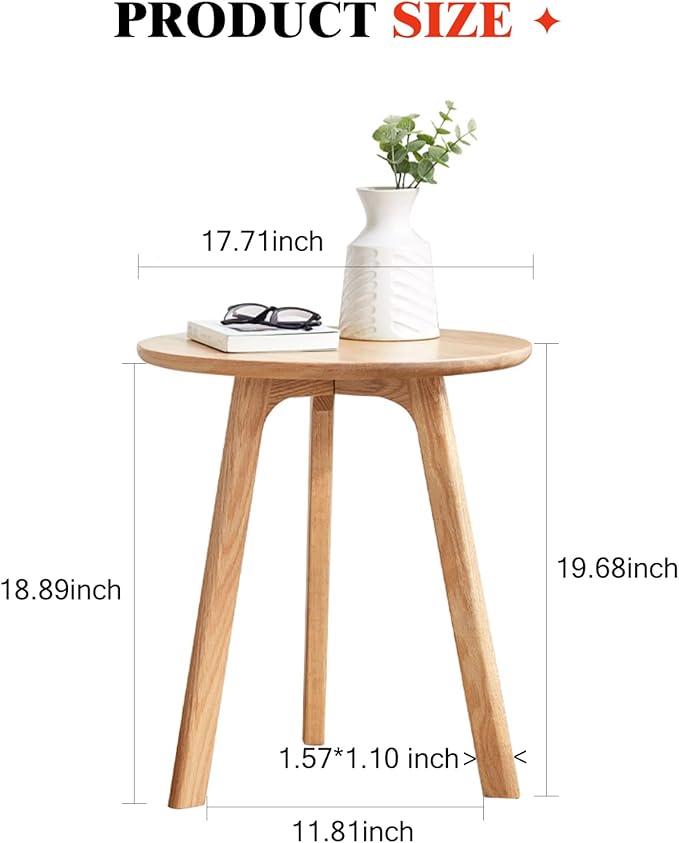 100% Solid Oak Round Side Table, Small Side Table for Small Spaces, 3-Legged Living Room End Tables Set of 2with Stable Frame for Bedroom Couch Side Entryway, Natural
