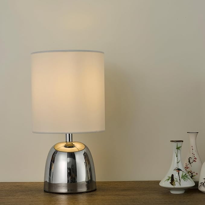 Small Modern Touch Eye Protection Bedside Table Lamp, 5.5 x 5.5 x 10 Inch Farmhouse Table Lamps, Silver Metal Base Table Lamp for Living Room Bedrooms and Office (White Fabric Lampshade)