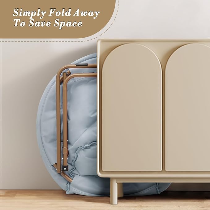 Athena Collection Saucer Chair with Ottoman Comfy Chair for Bed Room Living Room Folding Round Cozy Chair Faux Fur Metal Frame Foldable Lazy Chair Accent Chair Reading Chair Set of 2, Blue