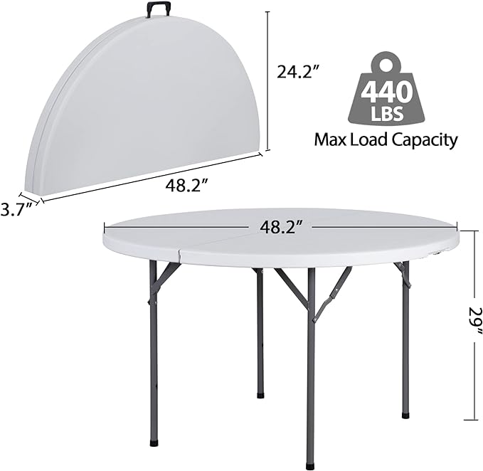 ZenStyle Folding Table, Indoor Outdoor Portable Plastic Dining Card Table Utility Table for Camping Dining Event Party, White (Round, 48"x48")