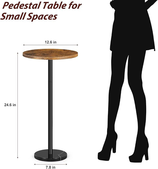 smusei Set of 2 Small Side Table for Small Spaces 2 Packs Drink Table Round Pedestal Side Tables with Marble Base for Sofa Couch Chair Patio, Brown and Black